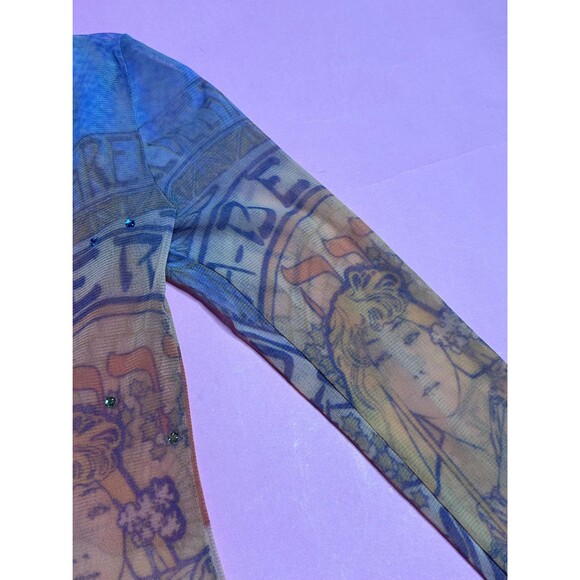 Y2K ALPHONSE MUCHA Art NOUVEAU Print Mesh Long Sleeve Blouse W/Rhinestones. XS-S - Picture 13 of 16